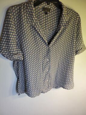Blue and White Geometric Short-Sleeve Women's Blouse
